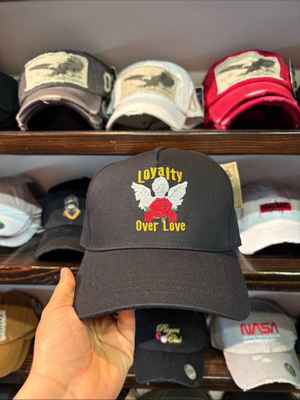 Black 'Loyalty Over Love' Embroidered Cap